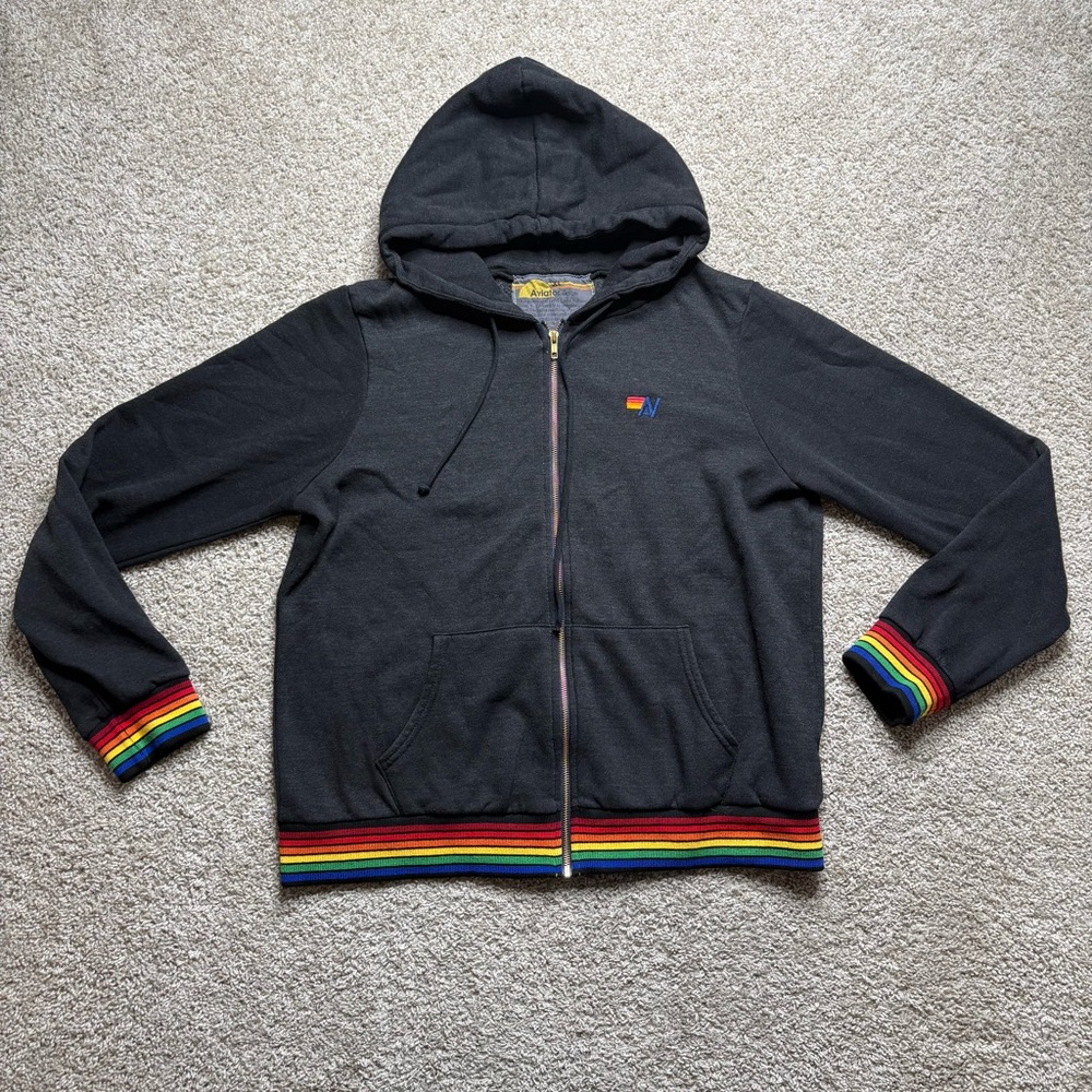 Aviator Nation Black Hoodie with Rainbow Stripe Trim mens XL